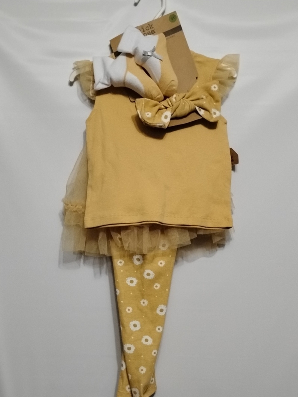 chick pea Mustard Yellow Floral Leggings & Tutu Top Set with Hair Bows (4)